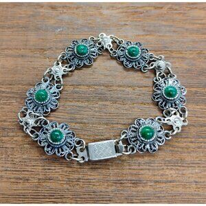 Vtg 925 Sterling Silver Filigree Flower Bracelet Green Malachite or Eilat